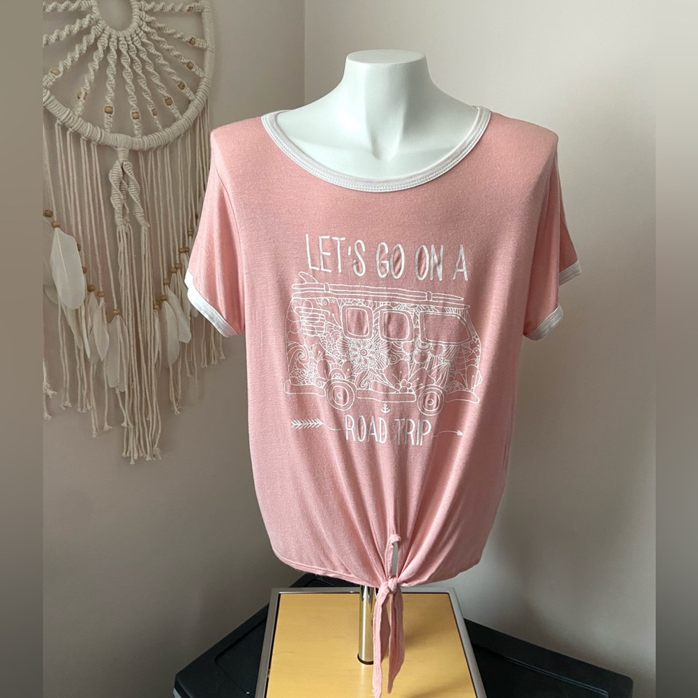 4/$15 Atticute Road Trip Pink Tie Front Top - Picture 2 of 12